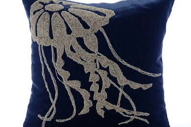Jelly Fish At The Shore - Navy Blue Cotton Linen Throw Pillow Cover
