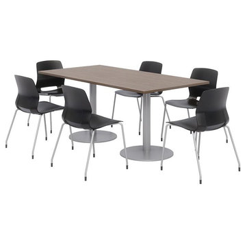 36 x 72" Table - 6 Black Lola Chairs - Teak Top - Silver Base