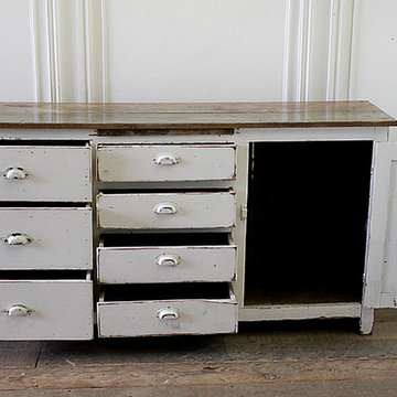 Antique Primitive European Farmhouse Style Buffet Server with Wood Top