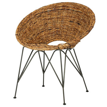 Coastal Accent Chair, Metal Legs With Geometric Shaped Rattan Seat, Natural
