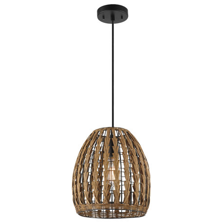 Novogratz x Globe Marlow 1-Light Pendant Light, Brown Woven Rattan Shade, Black