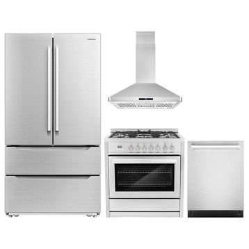 4PC 36" Range 36" Range Hood 24" Dishwasher & Refrigerator