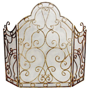 3-Panel Fireplace Screen in Burnished Gold with Scroll Design