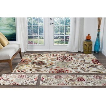 Dilek Transitional Floral Area Rug, Ivory, 5' X 7', 20'' X 60'', 20'' X 32''
