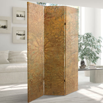 Contemporary Tall Room Divider, 3 Stretched Canvas Panels & Flowers Print, Gold