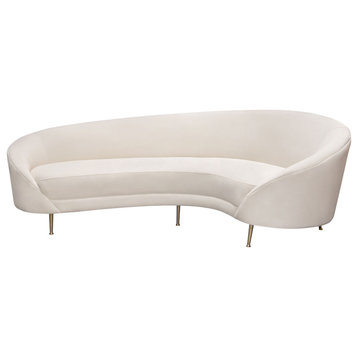 Curved Sofa with Contoured Back in Light Cream Velvet and Gold Metal Legs