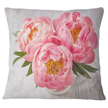 Peony Flowers On White Floor Floral Throw Pillow, 18"x18"