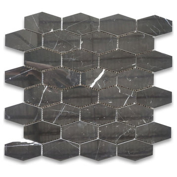 Nero Marquina Black Marble Elongated Hexagon Mosaic Tile Polished, 1 sheet