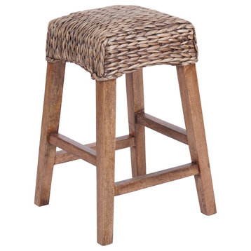 25.5"Rustic Bohemian Hyacinth/Wood Backless Counter Stool,Brown Wash Woven Seat