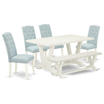 East West Furniture V-Style 6-piece Wood Dining Set in Linen White/Baby Blue