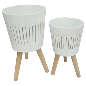 11/15" Planter With Wood Legs, Beige