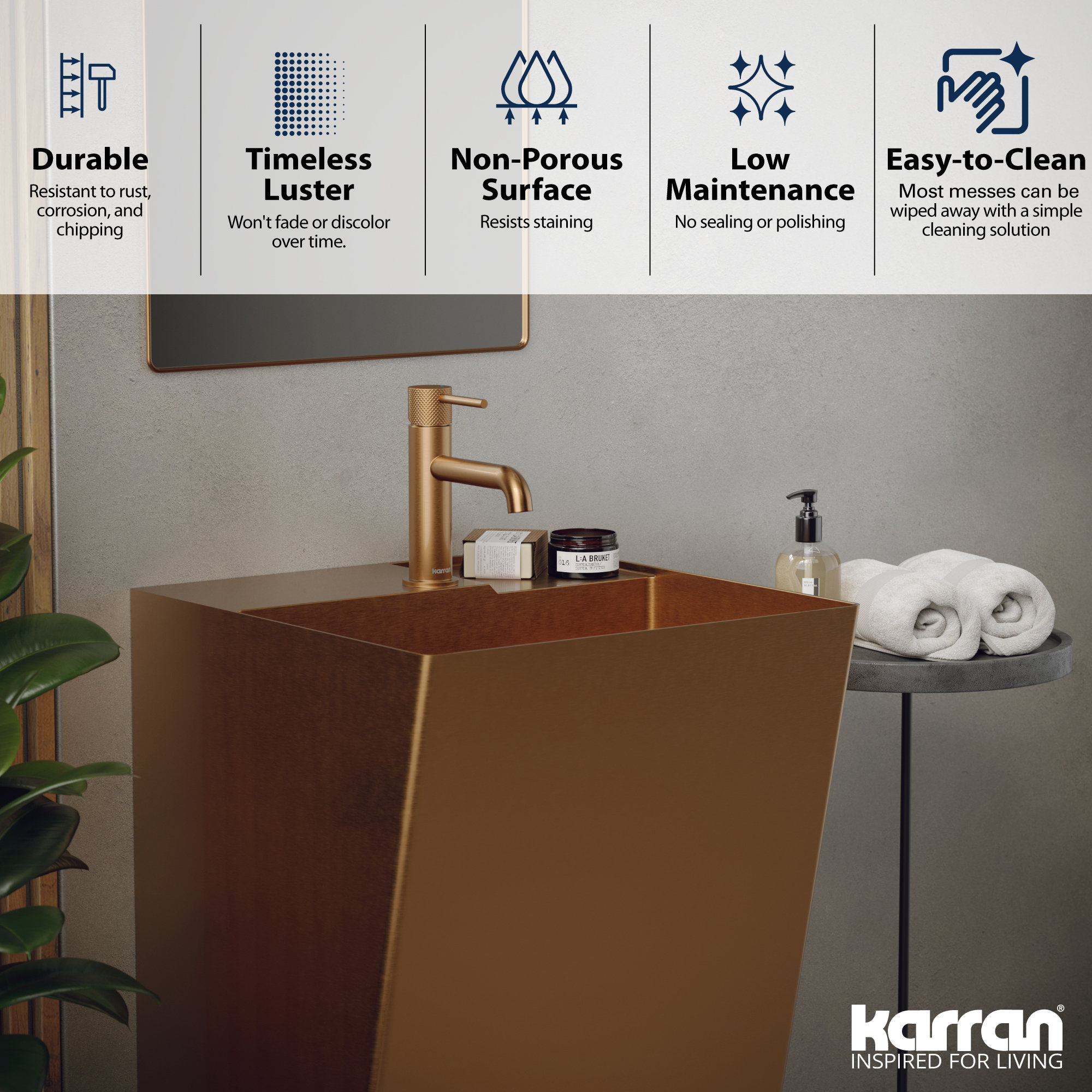 Karran Cinox Stainless Steel Rectangular Pedestal Sink, Brushed Copper