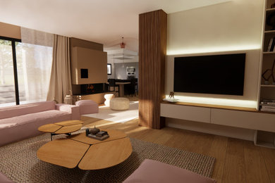 Imagen de sala de estar contemporánea con suelo de madera clara, todas las chimeneas y televisor colgado en la pared