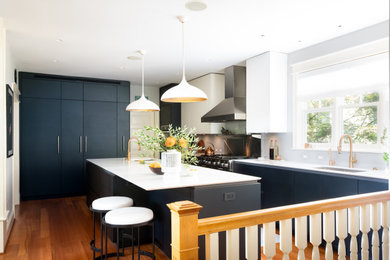 Minimalist l-shaped eat-in kitchen photo in DC Metro with blue cabinets and an island