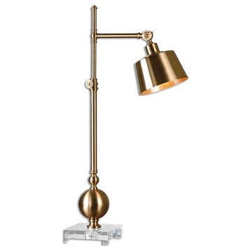 Elegant Brushed Brass Plated Arm Desk Lamp 34 in Adjustable Shade Height Gold