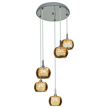 Glam 5-Light Pendant, Chrome Finish, Mirror Glass With Crystal Shade