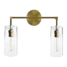2 Arm Industrial Wall Sconce Light With Glass, Gold/Brass/Bronze, 20" Wide