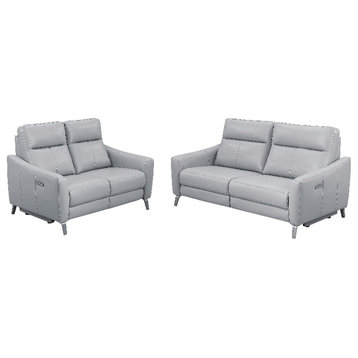 Pemberly Row 2-Piece Modern Faux Leather Upholstered Power Sofa Set in Gray