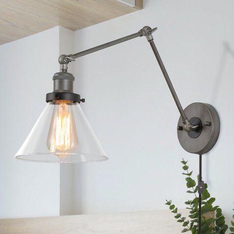 LALUZ Industrial Black and Silver Plug-in Clear Glass Swing Arm Wall Lamp
