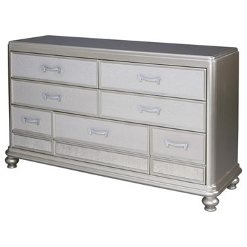 Contemporary Dresser, 7 Drawers With Faux Shagreen Patterned Front, Silver