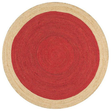 Jute Simple Border Area Rug, Red, 4' Round