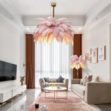 Pink/White Feather Round G9 Copper Hanging Art Design Chandelier, Pink