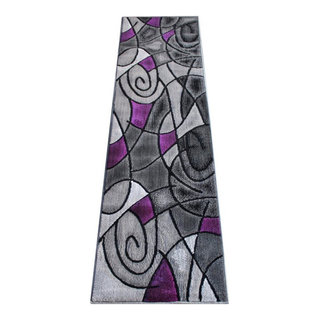 Flash Furniture Cirrus Collection 2' x 7' Purple Swirl Patterned Olefin Area Rug with Jute Backi