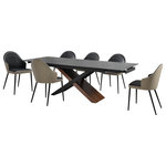Armen Living - Milena Rocco 7 Pc Extendable Dining Set Taupe Gray and Black Faux Leather Chairs - Entertain friends and family in style with the Milena Rocco 7 Piece Extendable Dining Set with Taupe Gray and Black Faux Leather Chairs from Armen Living. This set includes 1 Milena extendable dining table and 6 Rocco dining chairs. With a modern and streamlined profile, our dining room chair attains the perfect balance between style and comfort. It showcases a beautifully curved and streamlined barrel back with a chic tufting detail. It is perched upon tapered, black metal legs to attain a statement-making appeal in any corner. The plush and sculptural contours of this kitchen chair are highlighted with neat tailoring and elegant details. Featuring generous padding and a hugging silhouette, the dining table chair offers supreme comfort and support. It can easily transition from your kitchen, lounge, dining room, or home office to offer a comfy seat. The Rocco is upholstered in UV and stain-resistant faux leather which does not crack or fade easily to deliver easy care and maintenance. The Milena table's linear, rectangular tabletop is crafted from sintered shadow stone for a versatile and sophisticated appeal. A durable yet elegant alternative to quartz, this tabletop is resistant to etching, scratches, burns, and stains. It is perched upon a cross-shaped base to capture the eye. The chunky wooden leg is covered in walnut veneer, creating a visual contrast with the airy black wooden frame. Our chic and stylish dining table can easily extend to comfortably seat up to six to eight individuals. Serving as the perfect fit for your casual meals and garnished dinners, the table remains a stunning complement to your dining room or living space. It supports durable construction and easy-to-care materials to serve as a long-lasting addition to your home or apartment. Available in a 5 or 7 piece set configuration, the Milena Rocco dining set features a shadow stone, walnut and black wood veneer table and taupe gray and black faux leather chairs.