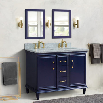 49" Double Vanity, Blue Finish With White Carrara And Oval Sink