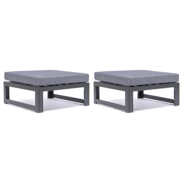LeisureMod Chelsea Outdoor Black Ottomans With Cushions Set of 2, Blue