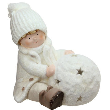 12.5" White Tealight Snowball with Sitting Boy Christmas Candle Holder