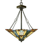 Quoizel - Inglenook 3-Light Pendant, Valiant Bronze - A classic geometric Arts and Crafts piece with handcrafted art glass in shades of sapphire blue warm honey amber and cream.