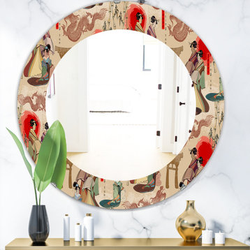 Designart Japanese Geishas Dragons Bohemian Frameless Oval Or Round Wall Mirror,
