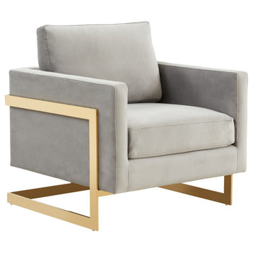 LeisureMod Lincoln Velvet Accent Arm Chair With Gold Frame in Light Grey