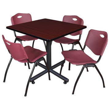Kobe 42" Square Breakroom Table, Mahogany and 4 'M' Stack Chairs, Burgundy