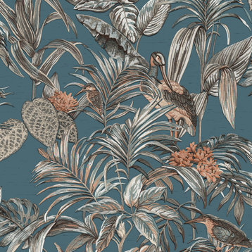 Textured Wallpaper, Birds Plants, Gray Petrol Silver Gray Terra White, 1 Roll