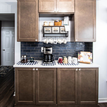 Two Tone Kitchen: Navy and Wood Kitchen with Carrara Wind Quartz Countertops