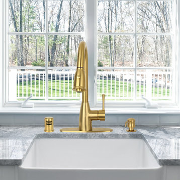 Pull Down Kitchen Faucet and Deck Plate, With Pull Down Sprayer, Brushed Gold