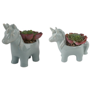 Set Of 2 Teal Ceramic Unicorn Succ