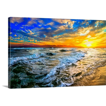 Yellow Orange Blue Colorful Ocean Sunset Wrapped Canvas Art Print, 18"x12"x