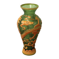 Chinese Peking Glass Green & Orange Handmade Dragon Vase - Vases