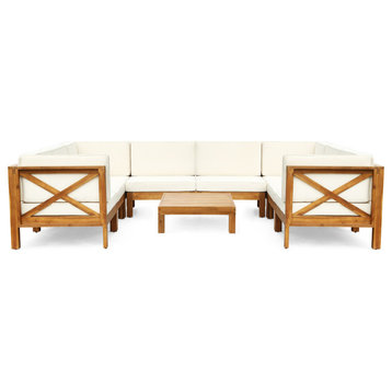 GDF Studio 9-Piece Keith Outdoor Acacia Wood Sofa Set With Coffee Table, Teak Finish/Beige