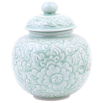 Novica Handmade Flower Fairy Celadon Ceramic Jar