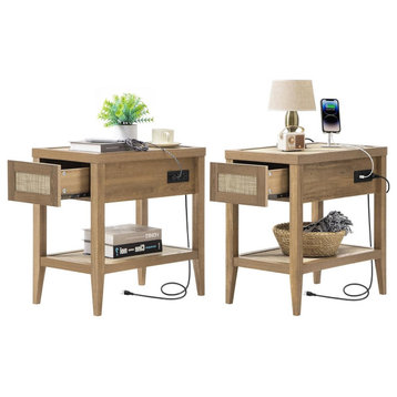 Set of 2 Nightstand, Faux Rattan Accent and Side Charging Station, Natural Oak