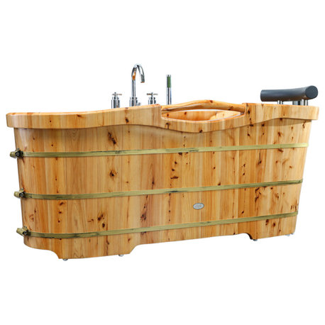 61" Free Standing Cedar Wood Bath Tub With Chrome Tub Filler