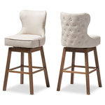 Baxton Studio - Brown Wood Button-Tufted Upholstered Swivel BarStools, Light Beige, Set of 2 - Baxton Studio Gradisca Modern and Contemporary Brown Wood Finishing and Light Beige Fabric Button-Tufted Upholstered Swivel Barstool. Featuring modern and contemporary design, the Gradisca upholstered swivel barstool will be a perfect addition to your kitchen or bar counter. Constructed of solid rubber wood in dark walnut finishing, the barstool will be a nice addition for your warm and cozy kitchen and dining room. Button-tufting cut out backrest, couples with silver nail heads trim around the Seat back adds a touch of modern and a little of glamour to this functional barstool. Fully upholstered in polyester fabric, the upholstered barstool is padded throughout for extra comfort. Sit and enjoy a glass of martini with your loved one after a long busy day for a little chit-chat, the Gradisca will instantly create a lovely ambience for the occasions. Made in Malaysia, the barstool requires assembly.