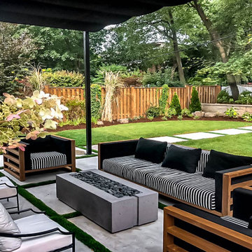 Outdoor Firepit with Retractable Pergola & Flagstone