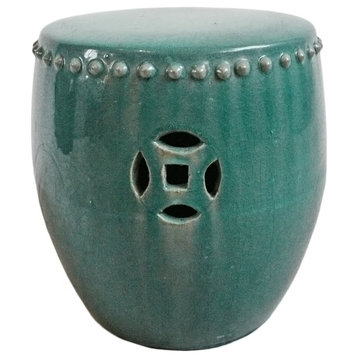 Teal Drum Ceramic Garden Stool Small