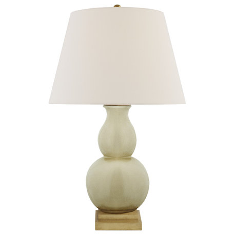 Gourd Form Small Table Lamp in Tea Stain with Linen Shade