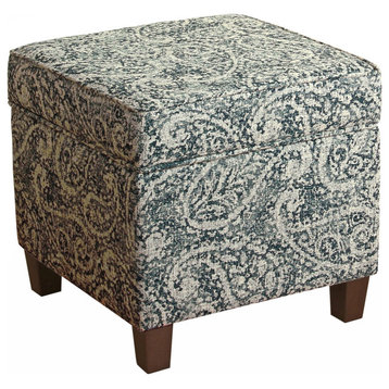 Benzara BM194956 Upholstered Wooden Ottoman With Lift Off Top, Blue and Gray